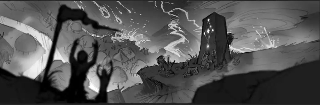 Grayscale concept sketch: a settlement of huts under a storm, figures gathered at the foot of a tall standing stone marked with a glowing sigil, a silhouetted figure in the foreground with arms raised.